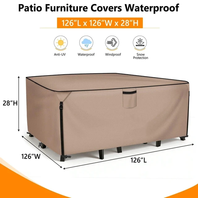 Alt view image 2 of 5 - Khaki Rectangle Patio Furniture Set Cover, HeavyDuty Oxford Fabric Waterproof UVResistant Outdoor Rectangular Sofa Table Chair Protector with Storage Pocket