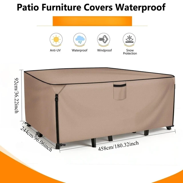 Alt view image 2 of 5 - Khaki Rectangle Patio Furniture Set Cover, HeavyDuty Oxford Fabric Waterproof UVResistant Outdoor Rectangular Sofa Table Chair Protector with Storage Pocket