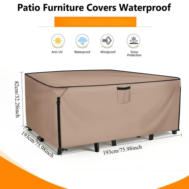 Alt view image 2 of 5 - Khaki Rectangle Patio Furniture Set Cover, HeavyDuty Oxford Fabric Waterproof UVResistant Outdoor Rectangular Sofa Table Chair Protector with Storage Pocket