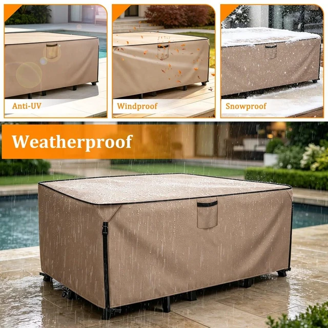 Alt view image 3 of 5 - Khaki Rectangle Patio Furniture Set Cover, HeavyDuty Oxford Fabric Waterproof UVResistant Outdoor Rectangular Sofa Table Chair Protector with Storage Pocket