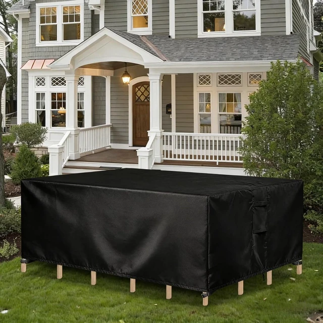 Alt view image 7 of 7 - Black Rectangle Patio Furniture Set Cover, HeavyDuty Oxford Fabric Waterproof UVResistant Outdoor Rectangular Sofa Table Chair Protector with Storage Pocket