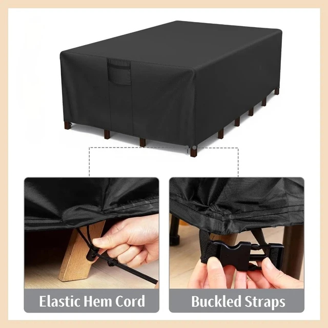 Alt view image 3 of 7 - Black Rectangle Patio Furniture Set Cover, HeavyDuty Oxford Fabric Waterproof UVResistant Outdoor Rectangular Sofa Table Chair Protector with Storage Pocket