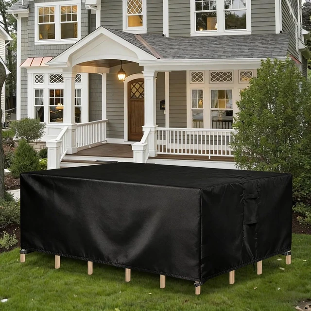 Alt view image 7 of 7 - Black Rectangle Patio Furniture Set Cover, HeavyDuty Oxford Fabric Waterproof UVResistant Outdoor Rectangular Sofa Table Chair Protector with Storage Pocket