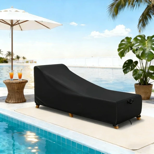 Alt view image 5 of 6 - Black Outdoor Chaise Lounge Cover, HeavyDuty Oxford Fabric Waterproof UVResistant Patio Recliner Protector with Carry Handle