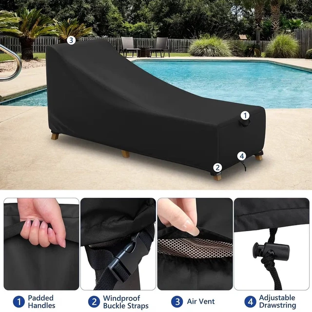 Alt view image 4 of 6 - Black Outdoor Chaise Lounge Cover, HeavyDuty Oxford Fabric Waterproof UVResistant Patio Recliner Protector with Carry Handle