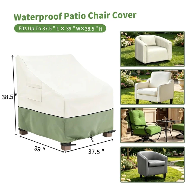 Alt view image 2 of 5 - Beige And Green Outdoor Patio Chair Cover, HeavyDuty Oxford Fabric Waterproof UVResistant Single Patio Chair Protector with Side Storage Pocket