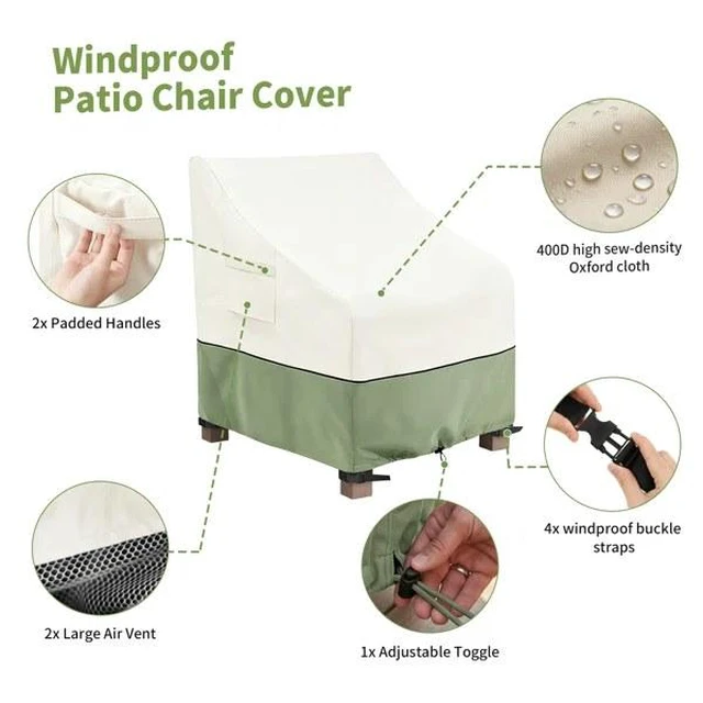 Alt view image 3 of 5 - Beige And Green Outdoor Patio Chair Cover, HeavyDuty Oxford Fabric Waterproof UVResistant Single Patio Chair Protector with Side Storage Pocket