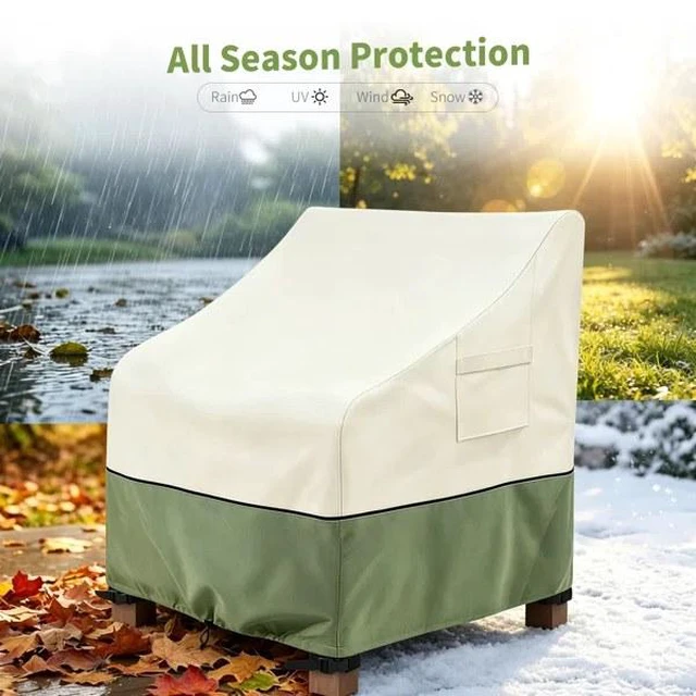 Alt view image 4 of 5 - Beige And Green Outdoor Patio Chair Cover, HeavyDuty Oxford Fabric Waterproof UVResistant Single Patio Chair Protector with Side Storage Pocket