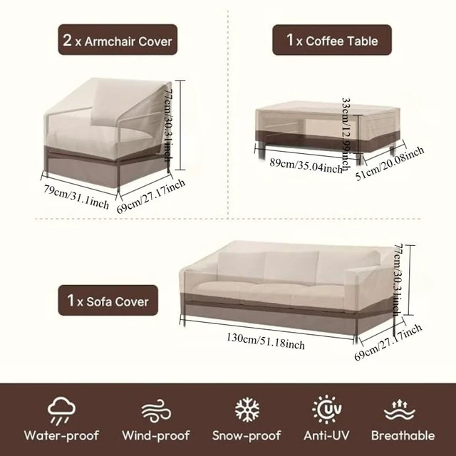 Alt view image 2 of 6 - Beige Brown Patio Furniture Cover 4Piece Set, HeavyDuty Oxford Fabric Waterproof UVResistant Outdoor Sofa Chair Ottoman Protector Set