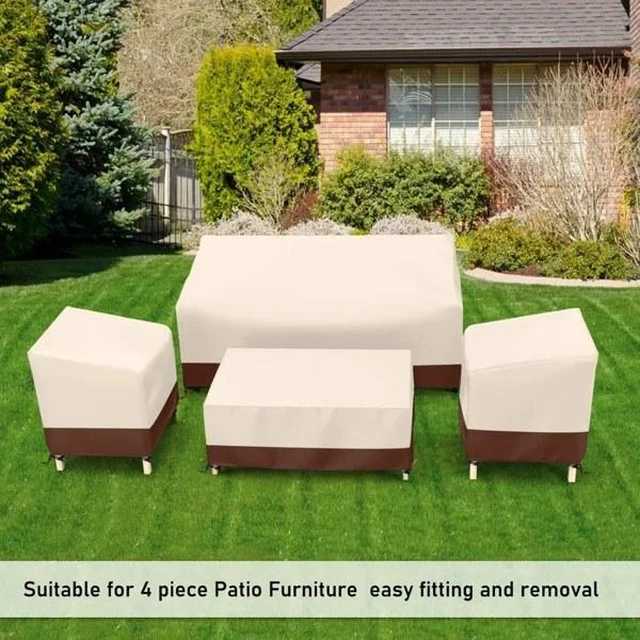 Alt view image 3 of 6 - Beige Brown Patio Furniture Cover 4Piece Set, HeavyDuty Oxford Fabric Waterproof UVResistant Outdoor Sofa Chair Ottoman Protector Set