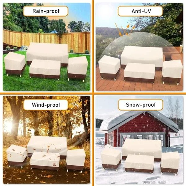 Alt view image 4 of 6 - Beige Brown Patio Furniture Cover 4Piece Set, HeavyDuty Oxford Fabric Waterproof UVResistant Outdoor Sofa Chair Ottoman Protector Set