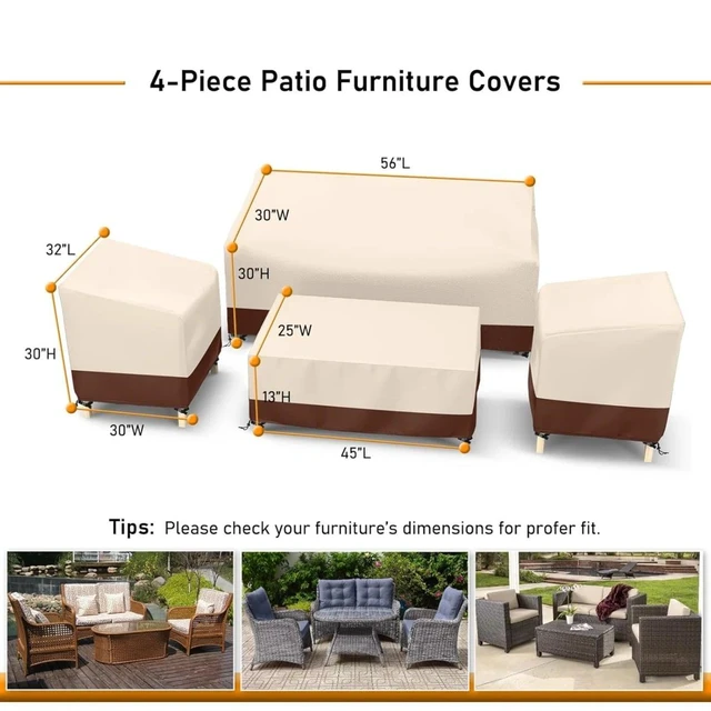 Alt view image 2 of 6 - Beige Brown Patio Furniture Cover 4Piece Set, HeavyDuty Oxford Fabric Waterproof UVResistant Outdoor Sofa Chair Ottoman Protector Set