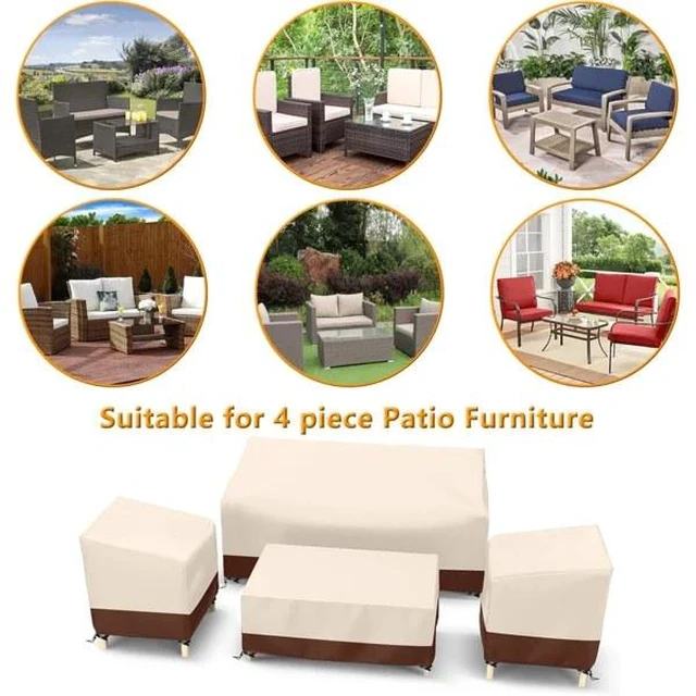 Alt view image 5 of 6 - Beige Brown Patio Furniture Cover 4Piece Set, HeavyDuty Oxford Fabric Waterproof UVResistant Outdoor Sofa Chair Ottoman Protector Set