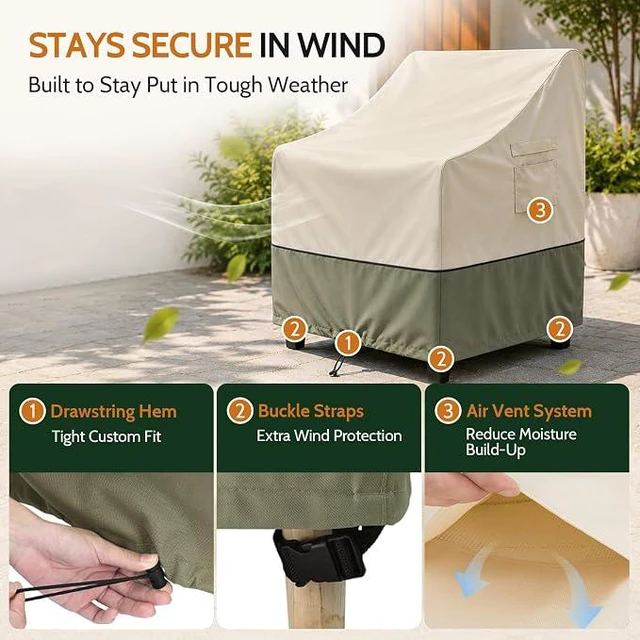 Alt view image 3 of 7 - Beige And Green Patio Chair Covers 2 Pack, HeavyDuty Oxford Fabric Waterproof UVResistant Outdoor Armchair Protectors with Storage Pocket