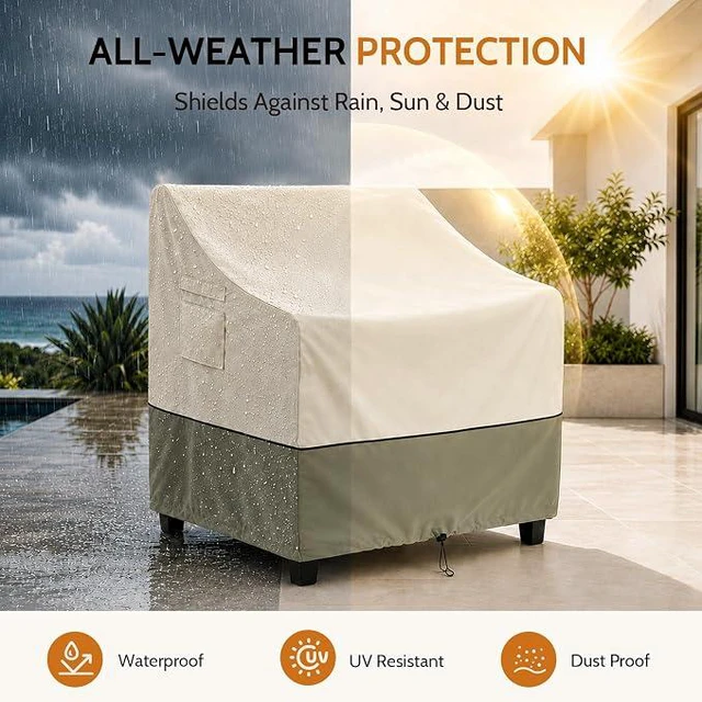 Alt view image 4 of 7 - Beige And Green Patio Chair Covers 2 Pack, HeavyDuty Oxford Fabric Waterproof UVResistant Outdoor Armchair Protectors with Storage Pocket