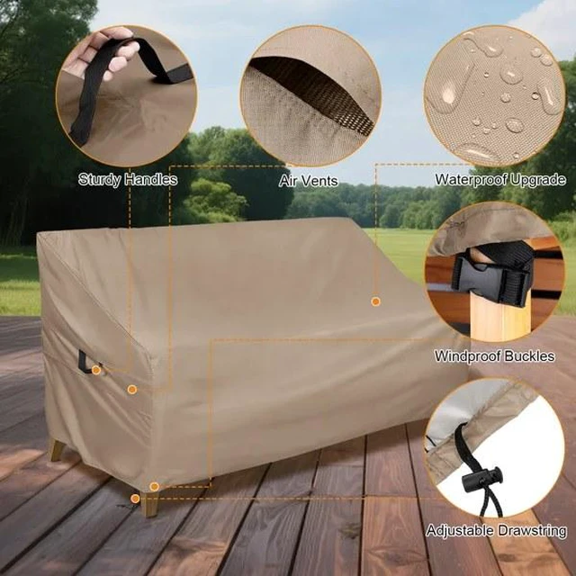 Alt view image 4 of 6 - Khaki Rectangle Patio Furniture Set Cover, HeavyDuty Oxford Fabric Waterproof UVResistant Outdoor Rectangular Sofa Table Chair Protector with Storage Pocket