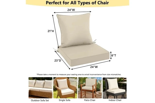 Alt view image 2 of 6 - Thick Outdoor Patio Chair Cushion Set, Square Seat Cushion and Back Pillow with Fastening Ties for Lawn Furniture