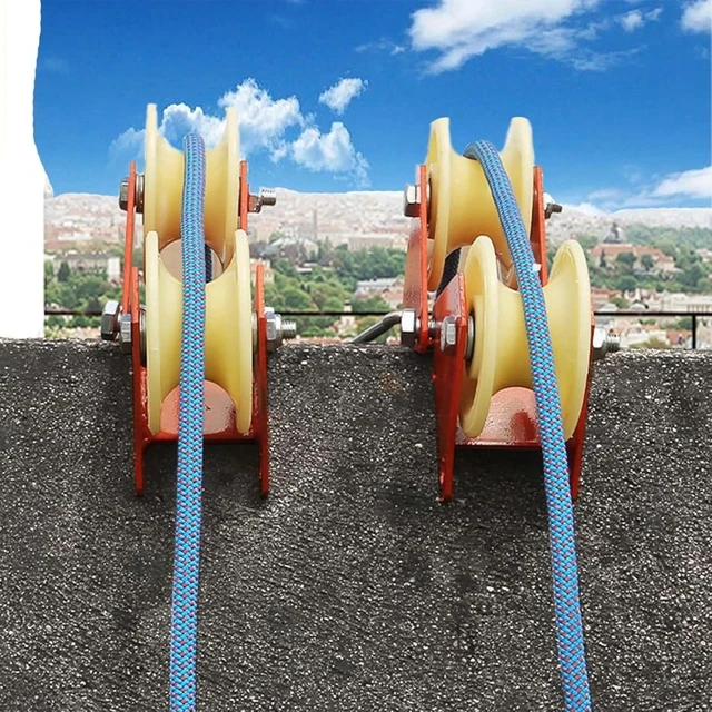 Alt view image 7 of 7 - 90 Degree Angle Groove Wheel Rope Retract Pulley, Foldable Labor-Saving Aerial Work Cable Roller Edge Retractor with Hooks, Heavy Duty Lifting Pulley System