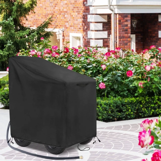 Alt view image 2 of 6 - Durable Fabric Outdoor Garden Hose Reel Cart Protective Cover, Weather Resistant Patio Hose Reel Cover, Dustproof UV Resistant Shield Fits Most Hose Reel Models for Yard Lawn
