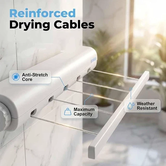 Alt view image 5 of 7 - Retractable Clothesline with 5 Lines, Heavy Duty Invisible Laundry Drying Rack, Space Saving Indoor Clothes Line for Bedroom Bathroom Living Room, Hanging Clothes Towels Pants