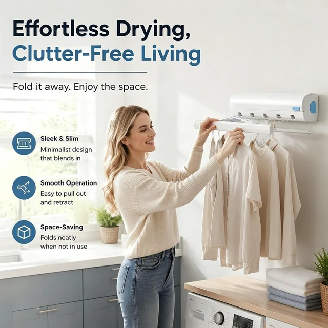 Alt view image 7 of 7 - Retractable Clothesline with 5 Lines, Heavy Duty Invisible Laundry Drying Rack, Space Saving Indoor Clothes Line for Bedroom Bathroom Living Room, Hanging Clothes Towels Pants
