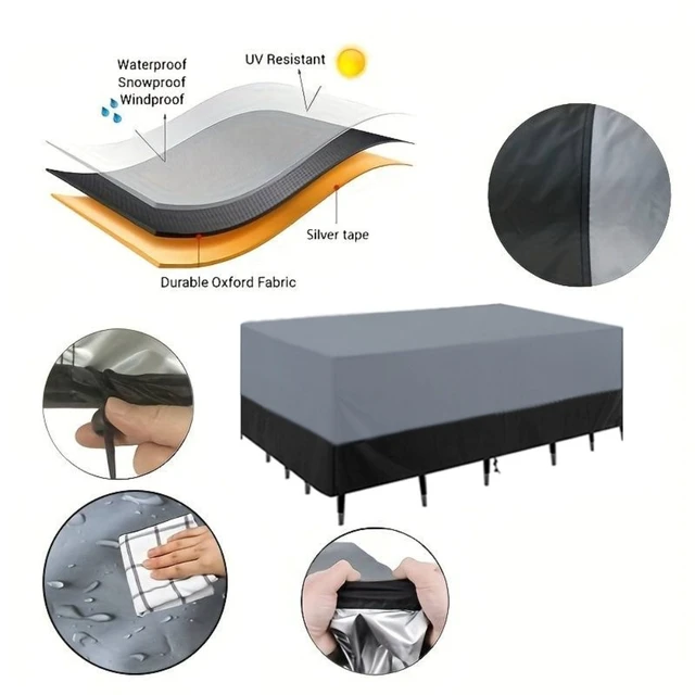 Alt view image 2 of 6 - 1pc Outdoor Garden Furniture Cover, Waterproof UV Protection Square 210D Oxford Cloth Patio Dust Cover, Black & Gray Dual Color Outdoor Furniture Protector