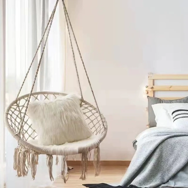 Alt view image 3 of 7 - Outdoor Camping Woven Hammock Swing with Tassels, Indoor Leisure Hanging Chair, Garden Patio Balcony Hammock