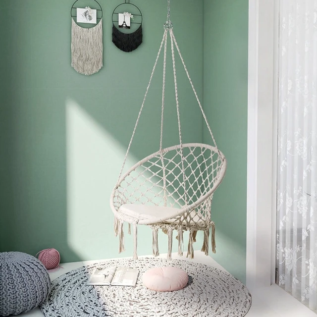 Alt view image 7 of 7 - Outdoor Camping Woven Hammock Swing with Tassels, Indoor Leisure Hanging Chair, Garden Patio Balcony Hammock