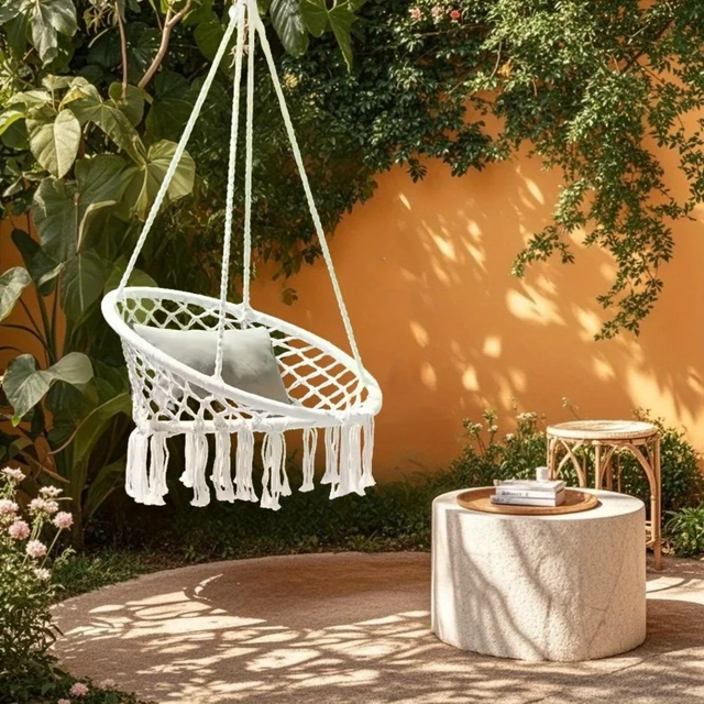 Alt view image 2 of 7 - Outdoor Camping Woven Hammock Swing with Tassels, Indoor Leisure Hanging Chair, Garden Patio Balcony Hammock