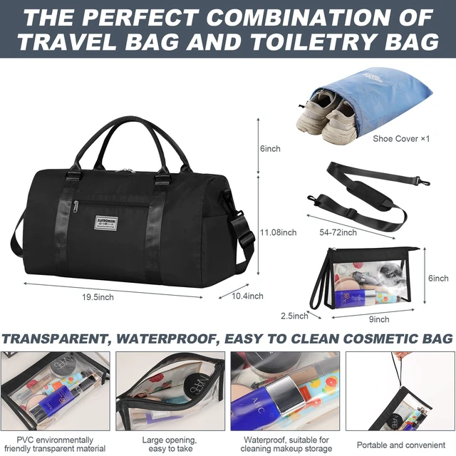 Alt view image 3 of 6 - Black Large Capacity Travel Gym Bag with Clear Storage Pouch, Water Resistant Wear Resistant Duffel Bag, 2-Way Hand & Crossbody Carry Sports Bag