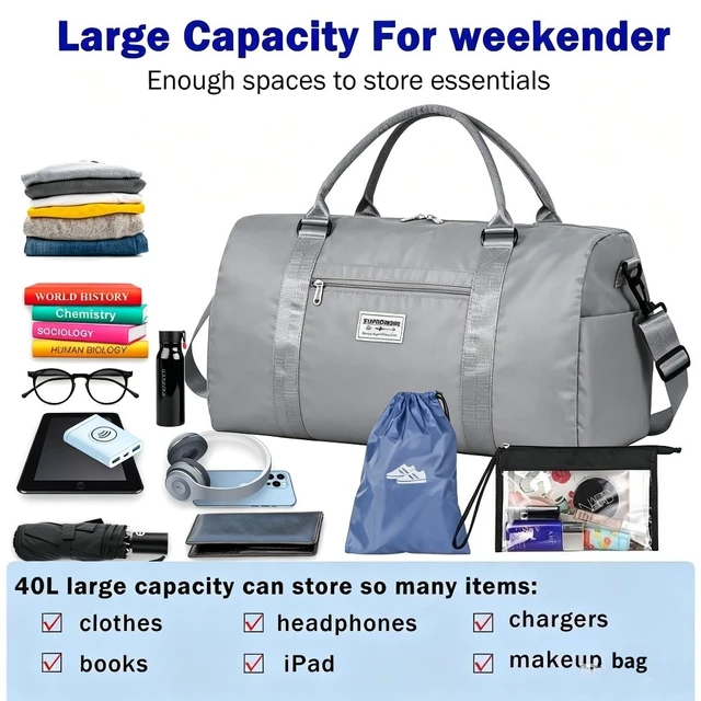 Alt view image 5 of 6 - Black Large Capacity Travel Gym Bag with Clear Storage Pouch, Water Resistant Wear Resistant Duffel Bag, 2-Way Hand & Crossbody Carry Sports Bag
