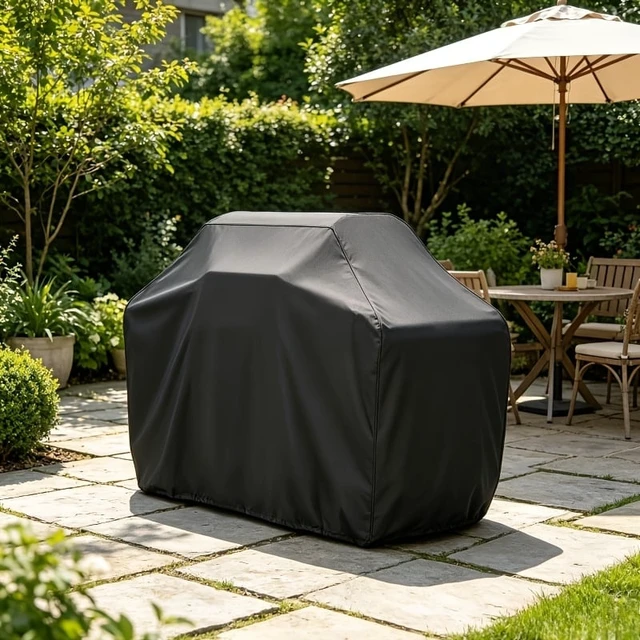 Alt view image 4 of 4 - Waterproof BBQ Grill Cover, All Weather Outdoor Barbecue Grill Protector, UV Dust Wind Resistant Oxford Fabric Heavy Duty Grill Cover with Adjustable Drawstring & Buckle Straps, Black