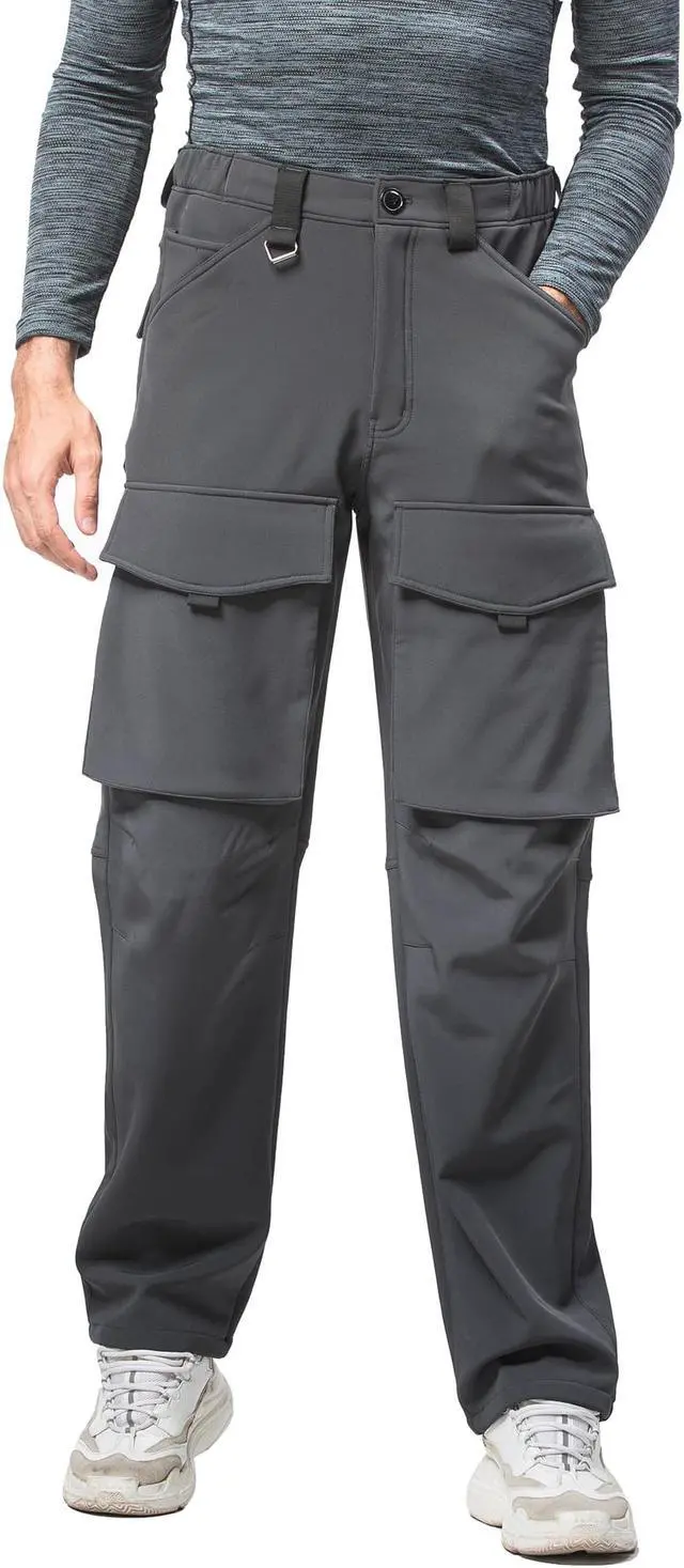 Alt view image 6 of 7 - Men Straight Multi Pocket Drawstring Elastic Waist Plush Trousers Warm Windproof Casual Pants Medium Grey