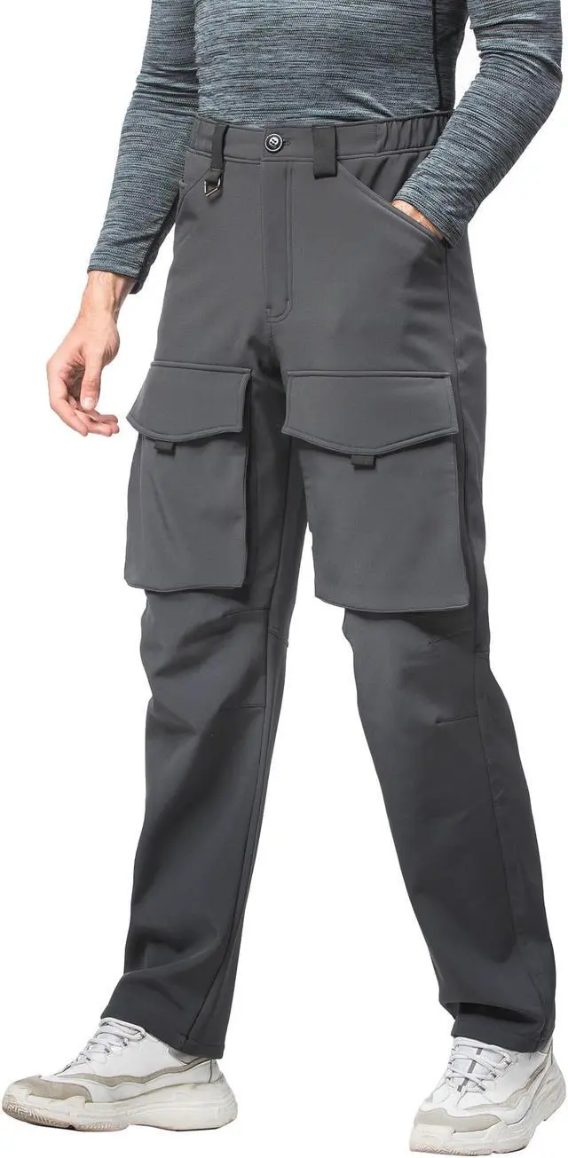 Alt view image 7 of 7 - Men Straight Multi Pocket Drawstring Elastic Waist Plush Trousers Warm Windproof Casual Pants Medium Grey
