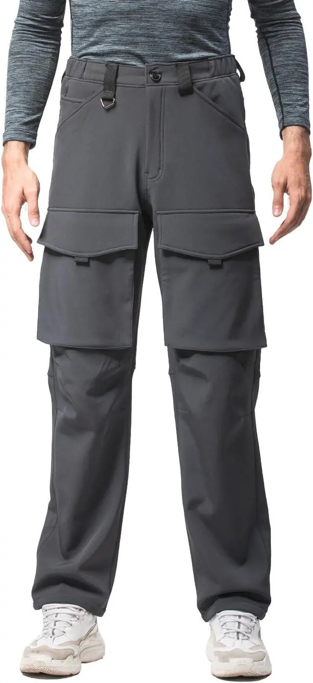 Main image of Men Straight Multi Pocket Drawstring Elastic Waist Plush Trousers Warm Windproof Casual Pants Medium Grey