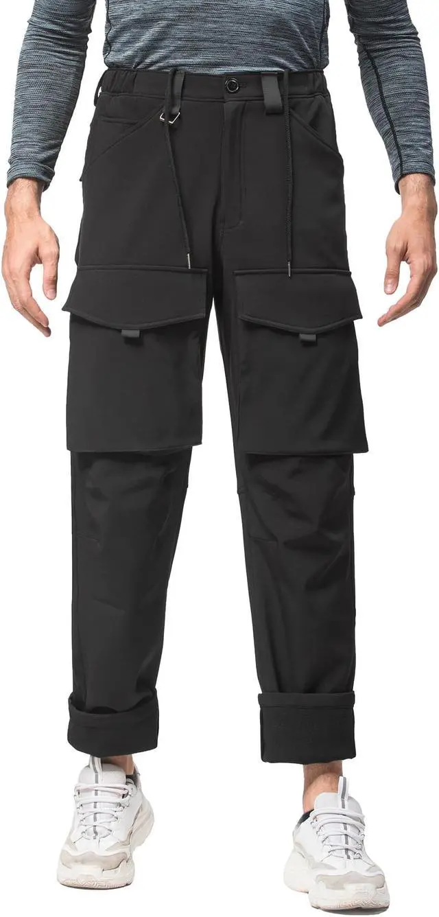 Main image of Men Straight Multi Pocket Drawstring Elastic Waist Plush Trousers Warm Windproof Casual Pants XX-Large Black