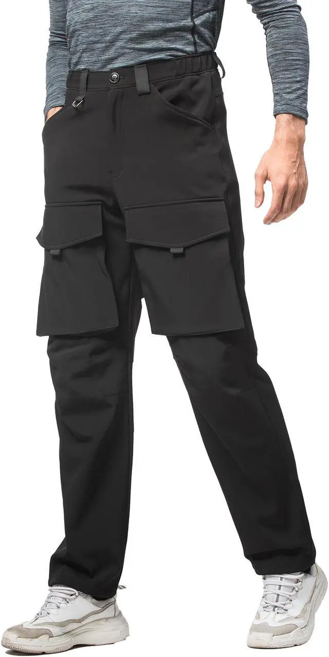 Alt view image 3 of 7 - Men Straight Multi Pocket Drawstring Elastic Waist Plush Trousers Warm Windproof Casual Pants XX-Large Black