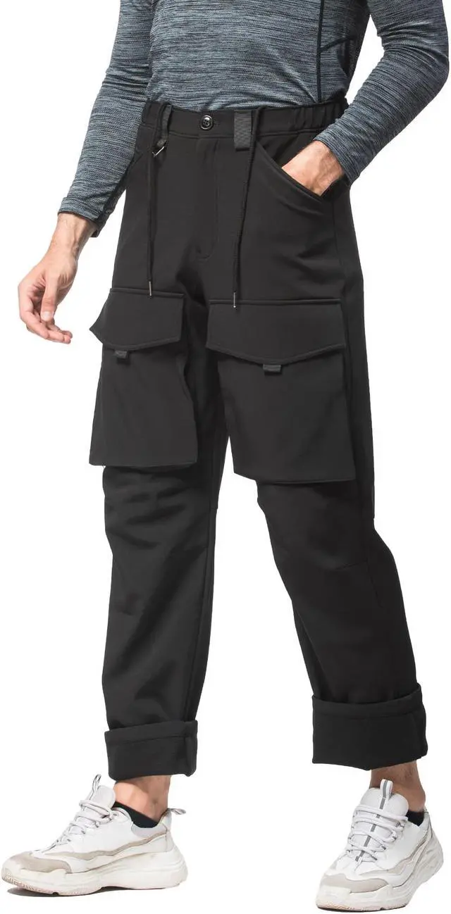 Alt view image 2 of 7 - Men Straight Multi Pocket Drawstring Elastic Waist Plush Trousers Warm Windproof Casual Pants XX-Large Black