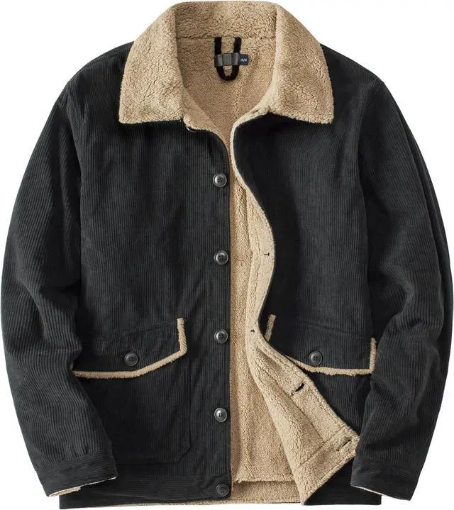 Main image of Men's Corduroy Plush Heavy Jacket Oversize Top Solid Color Lapel Loose Cashmere Coat Large Black