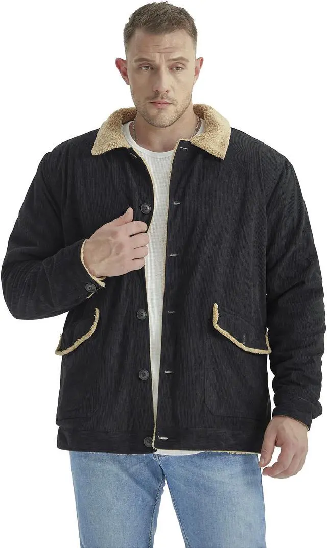 Alt view image 3 of 7 - Men's Corduroy Plush Heavy Jacket Oversize Top Solid Color Lapel Loose Cashmere Coat Large Black