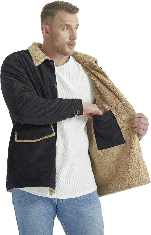Alt view image 2 of 7 - Men's Corduroy Plush Heavy Jacket Oversize Top Solid Color Lapel Loose Cashmere Coat Large Black