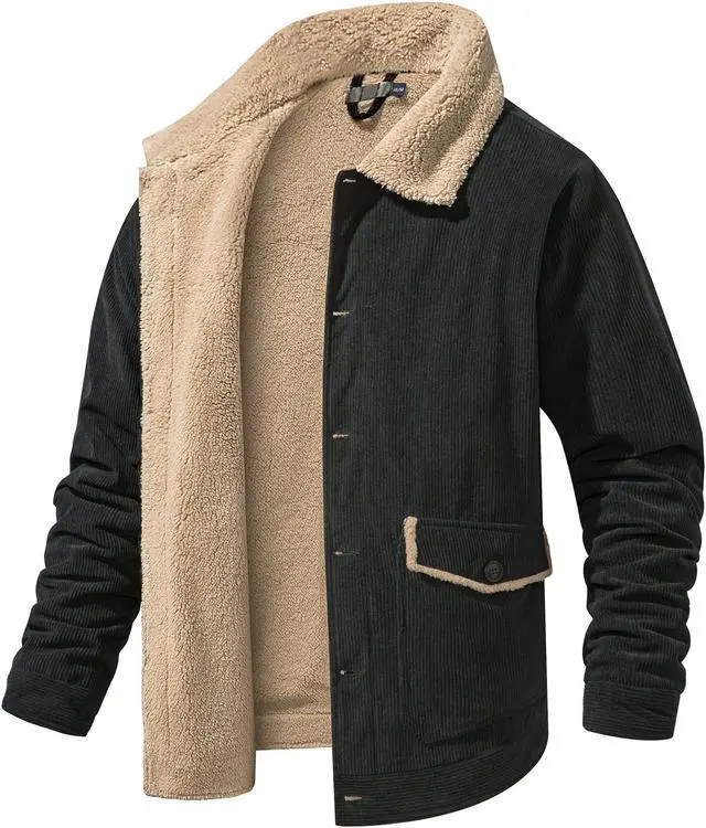 Alt view image 4 of 7 - Men's Corduroy Plush Heavy Jacket Oversize Top Solid Color Lapel Loose Cashmere Coat Large Black