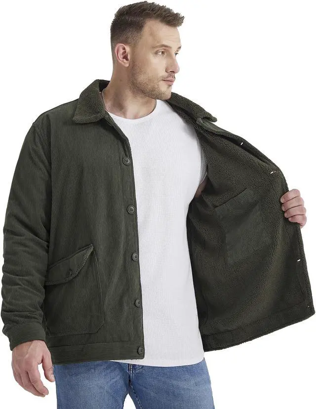 Alt view image 3 of 7 - Men's Corduroy Plush Heavy Jacket Oversize Top Solid Color Lapel Loose Cashmere Coat Medium Green
