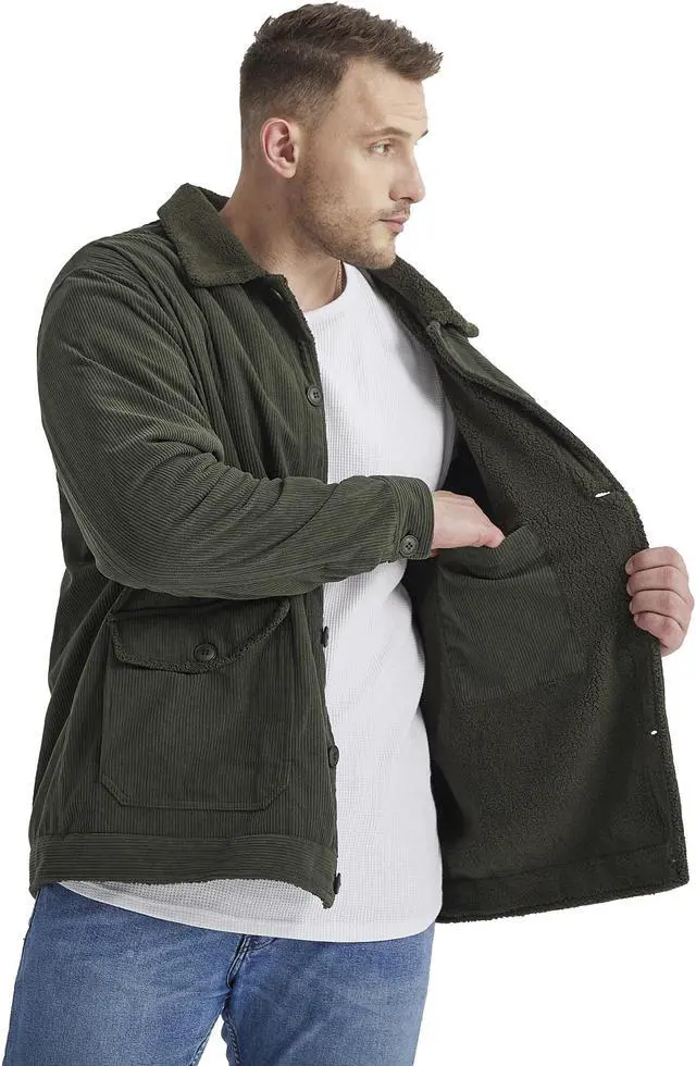 Alt view image 4 of 7 - Men's Corduroy Plush Heavy Jacket Oversize Top Solid Color Lapel Loose Cashmere Coat Medium Green