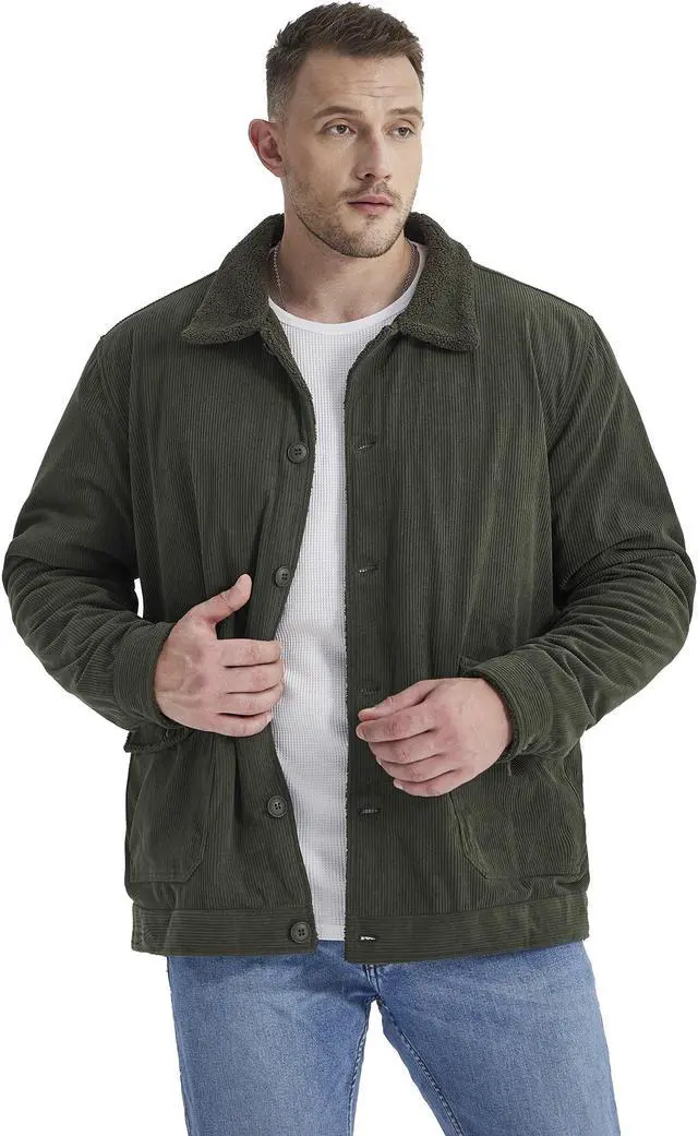 Alt view image 2 of 7 - Men's Corduroy Plush Heavy Jacket Oversize Top Solid Color Lapel Loose Cashmere Coat Medium Green