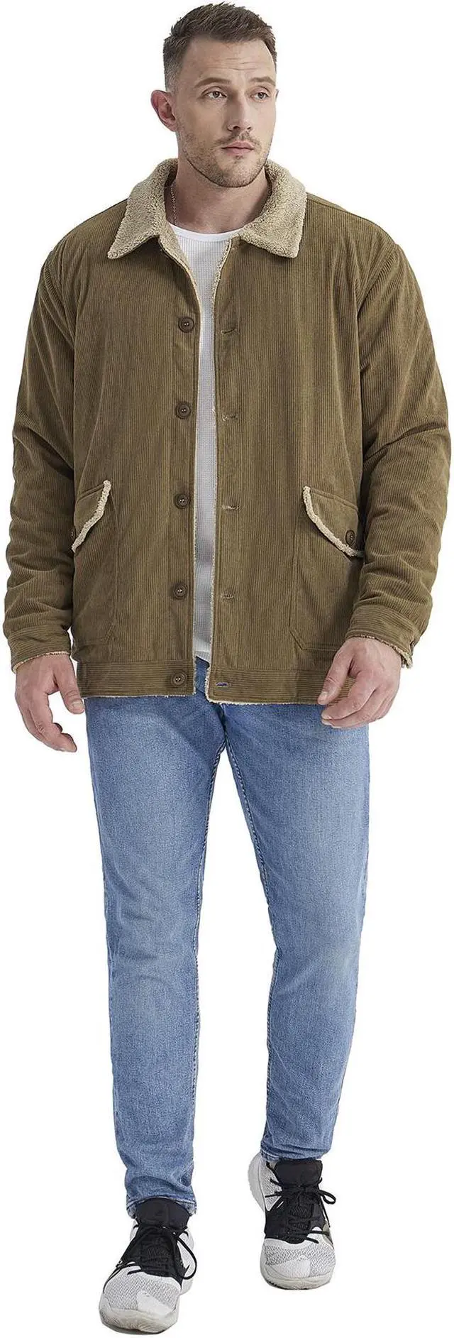 Alt view image 4 of 7 - Men's Corduroy Plush Heavy Jacket Oversize Top Solid Color Lapel Loose Cashmere Coat X-Large Brown