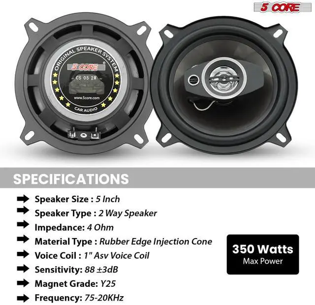 Alt view image 7 of 7 - 5Core Coaxial Car Door Speakers 5 Pair 350W 4Ohm 2 Way Component Subwoofer Audio w Super Tweeter