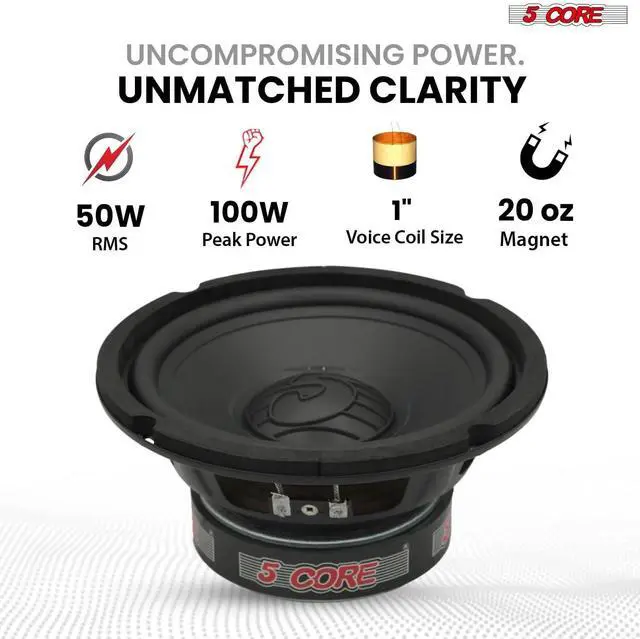 Alt view image 2 of 7 - 5 Core 6.5 Inch Woofer 100W Car Audio Subwoofer Pair 4 Ohm Impedance Replacement Deep Bass Sub w 20 Oz Y30 Magnet Poly Cone Rubber Surround for Vehicle Sound System - WF 6.5 100 PP 4OHM 2PCS
