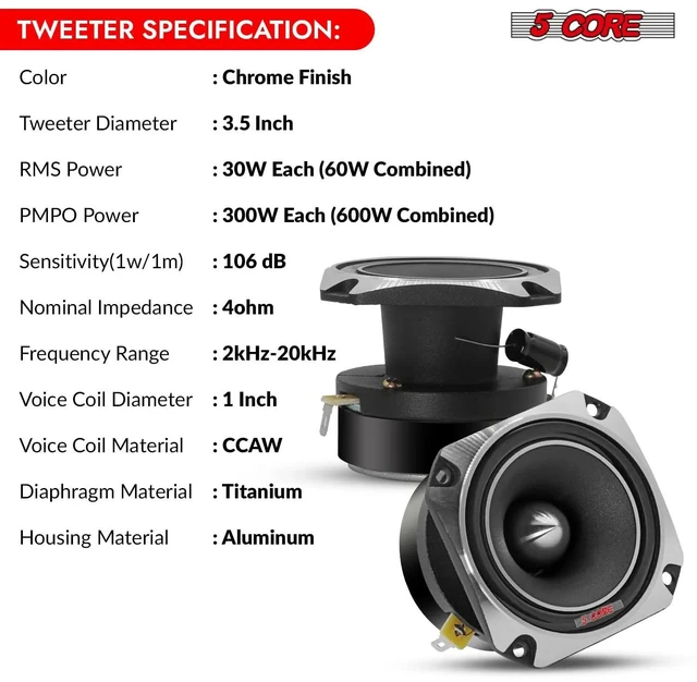 Alt view image 5 of 7 - 5 CORE Tweeters Speakers Car Audio Pair 600W Combined Peak 4 Ohm 3.5 Inch Aluminum Super Bullet Tuiters para Sonido para Carro - TW BLT 150 CH Pair