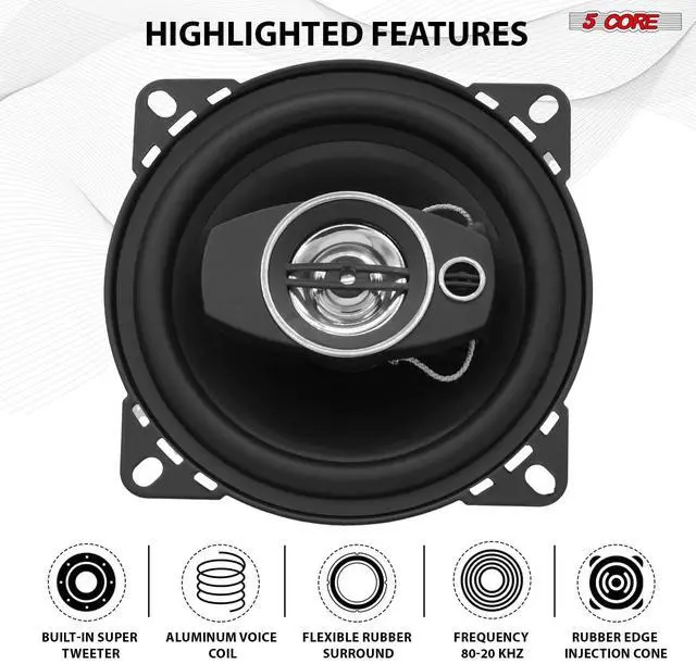 Alt view image 7 of 7 - 5Core Coaxial Door Car Speakers 4 Pair 250W 4Ohm 2 Way Component Subwoofer Audio w Super Tweeter